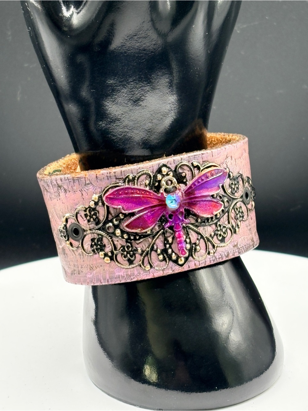 Upcycled Pink Leather Dragonfly Cuff Bracelet by Speckled Sparrow